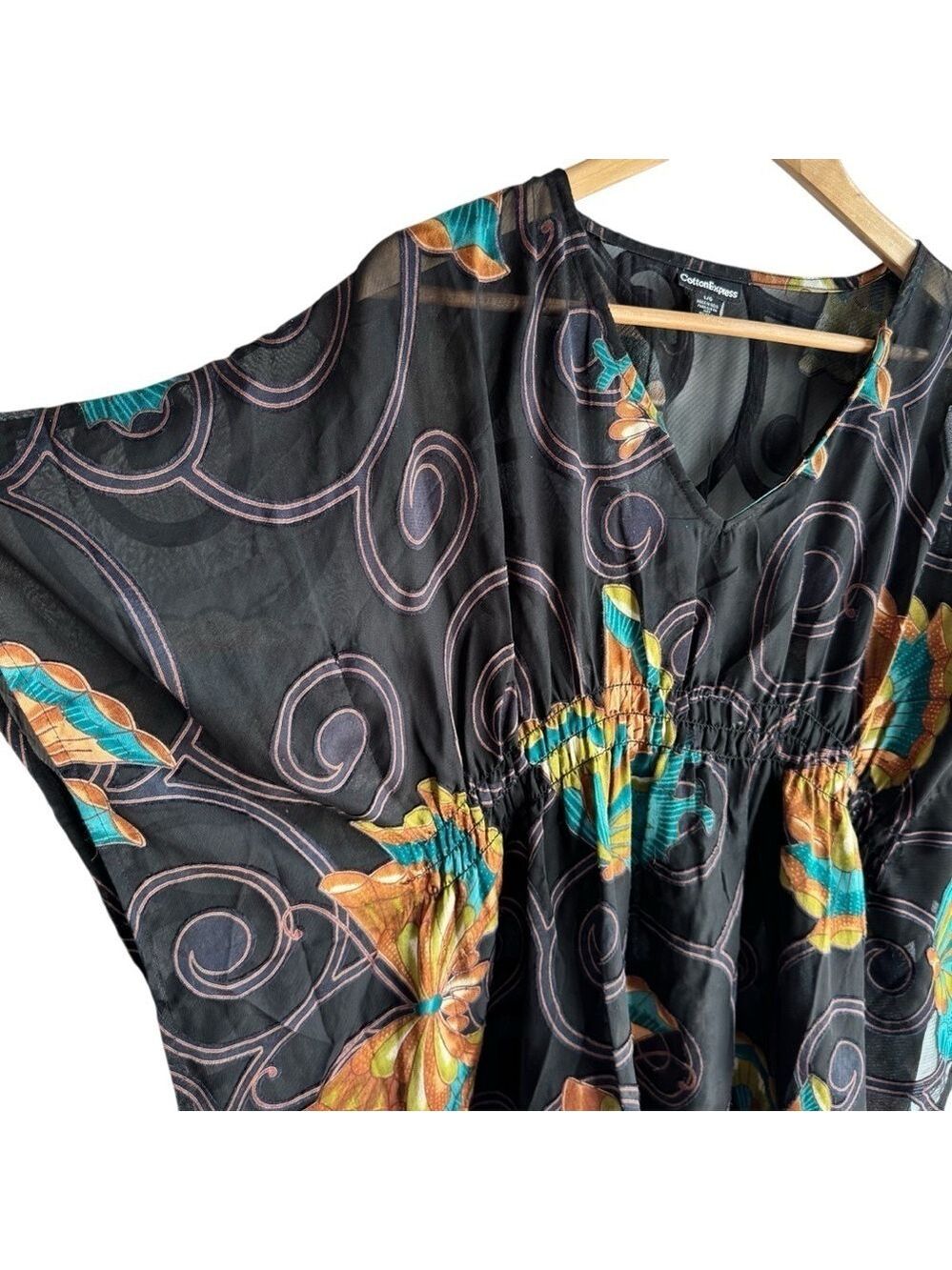 Vintage Y2K Butterfly Boho Kaftan Top Sz L Multicolour Tunic Blouse Kimono Top